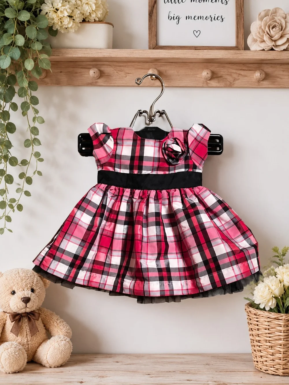 Carter's red, black, and white plaid holiday dress features a black satin waist